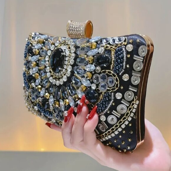 Beaded Rhinestone Evening Bag, Elegant Box Clutch Purse, Wedding Handbag #013.28 - Picture 7 of 9